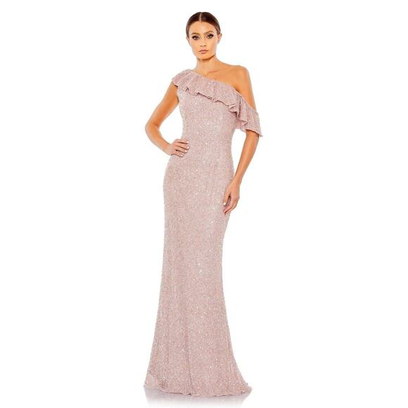 MAC DUGGAL 5611 Sequined Drop One Shoulder Ruffle Trumpet Gown Mocha 2 NEW - Picture 2 of 10